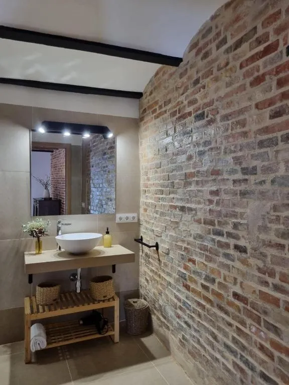 Bany amb lavabo de sobreposar sobre moble de fusta i un gran mur de maó antic