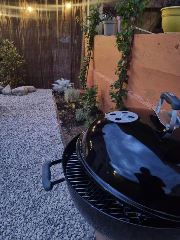 Barbacoa de carbó al pati, encesa de nit sota les garlandes de llum