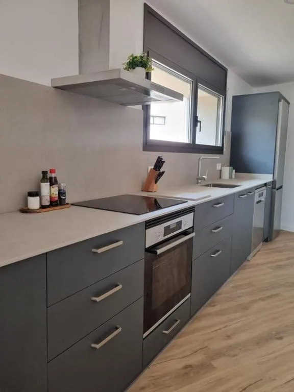 Cuina en línia totalment equipada amb placa d’inducció, forn, campana i rentaplats