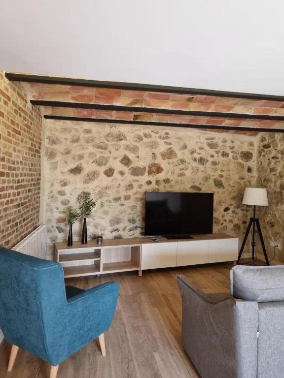 Sala d’estar amb mur de pedra seca, televisor, butaca blava i biga d’acer negre