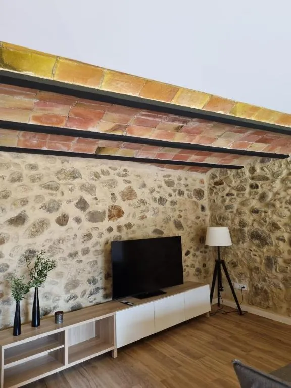 Volta catalana de rajola sobre el mur de pedra seca de la sala d’estar