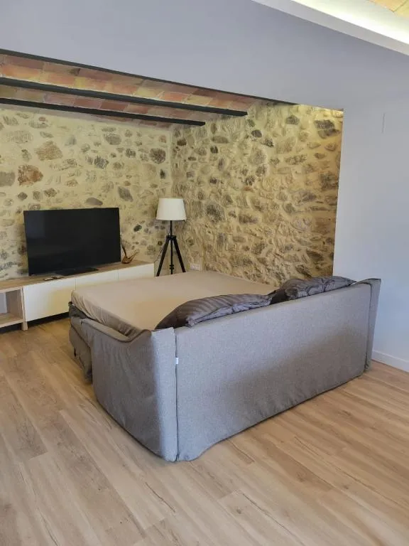 El sofà llit de la sala obert i fet per a dues persones, davant del televisor
